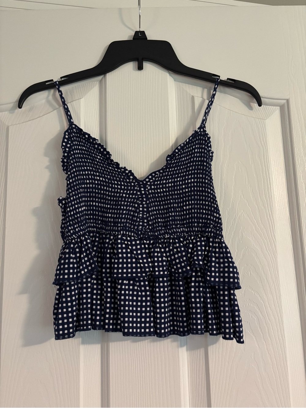 American Dream Navy and White Gingham Smocked Ruffle Cami